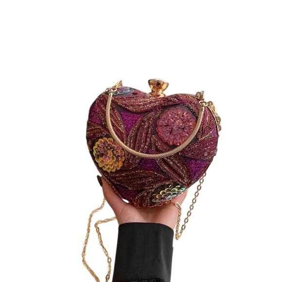 Handbags - New Heart-Shaped Sequin Evening Clutch – Floral Embroidery with Gold Chain